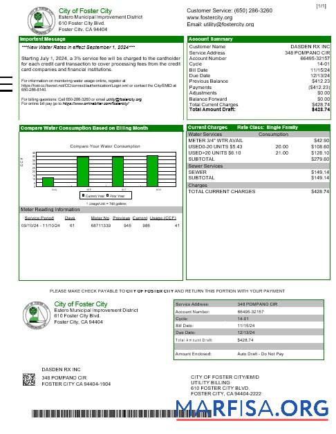 Realistic USA CITY OF FOSTER CITY business utility bill Word and PDF template